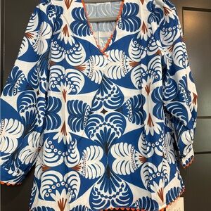 Blue and White Printed V-Neck Women's Top